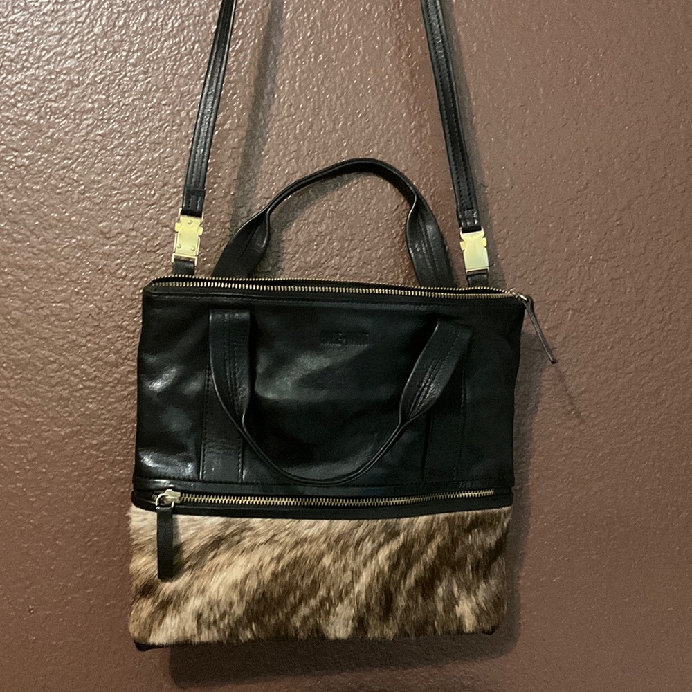 Black Leather & Brown Fur Accent Crossbody Tote